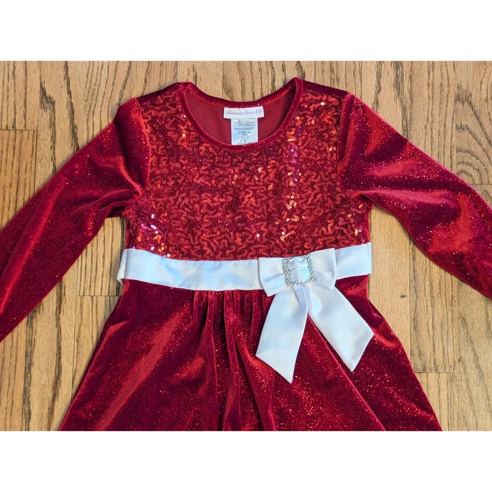 Bonnie Jean Girls Red Velvet Sequin Christmas Dress Faux Fur Trim Size 8